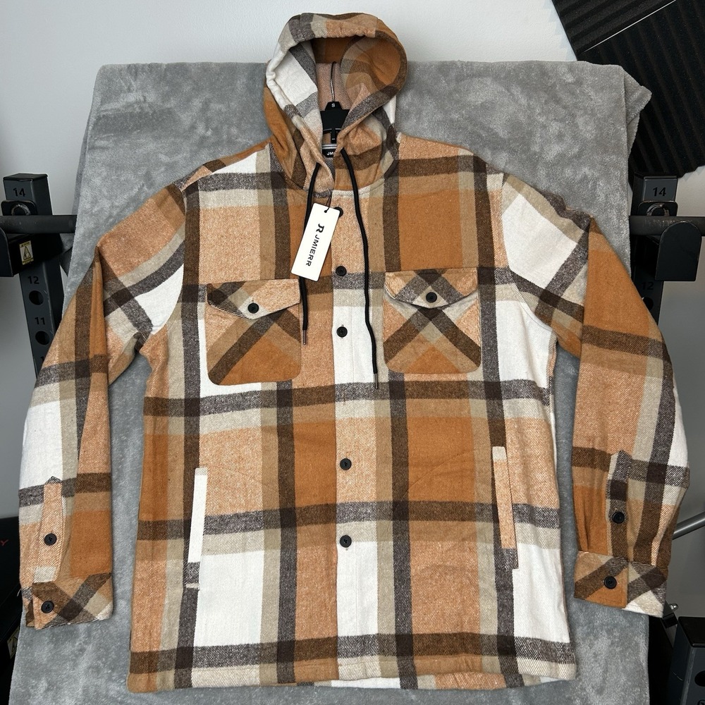 Jmierr Men's Flannel Plaid Shirt Jacket with Hood Size Large Shacket - NWT